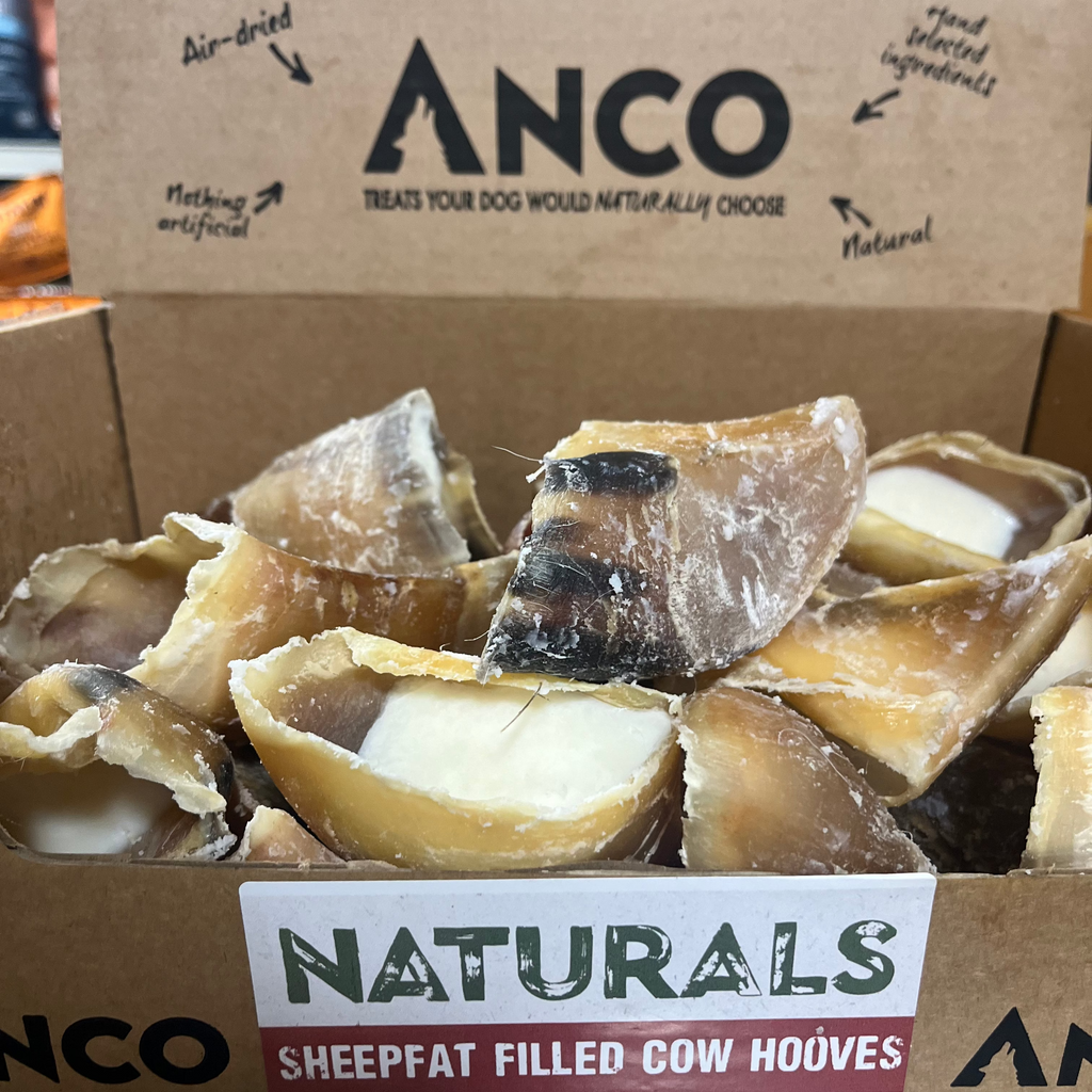 Box of Anco Naturals sheepfat filled cow hooves with visible branding and product details.